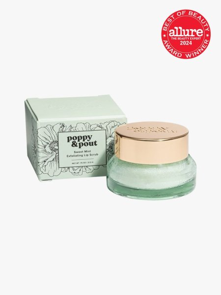 Poppy & Pout Sweet Mint Exfoliating Lip Scrub branded clear tub component with gold cap on a light gray background with red Allure Best of Beauty seal in the top right corner